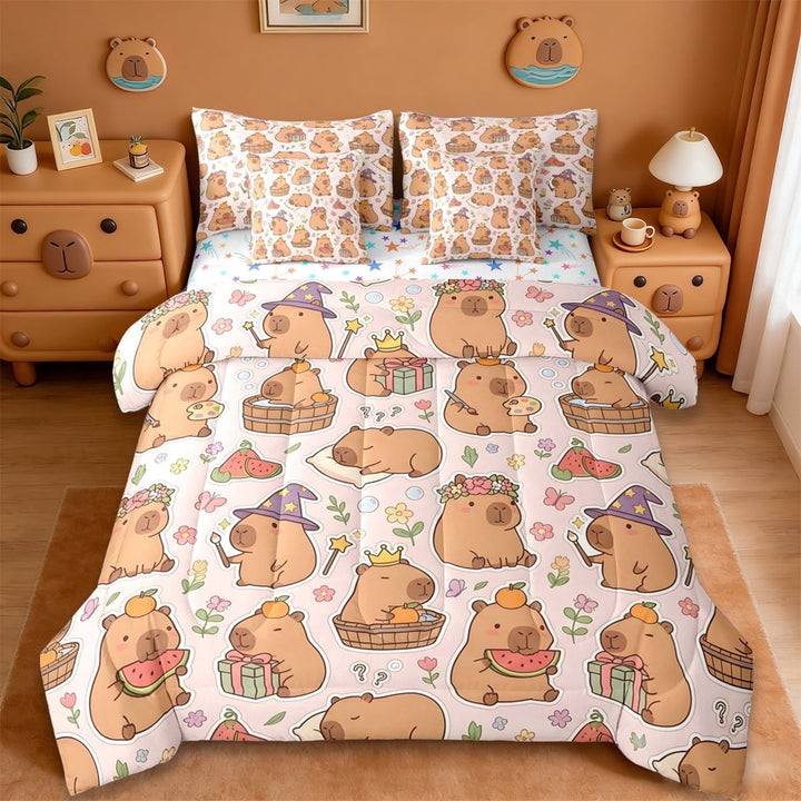 Erosebridal Kawaii Flowers Blossom 7-Piece Twin Bedding Sets,Cute Animal Cartoon Capybara Bedding Comforter Set For Kids Reversible