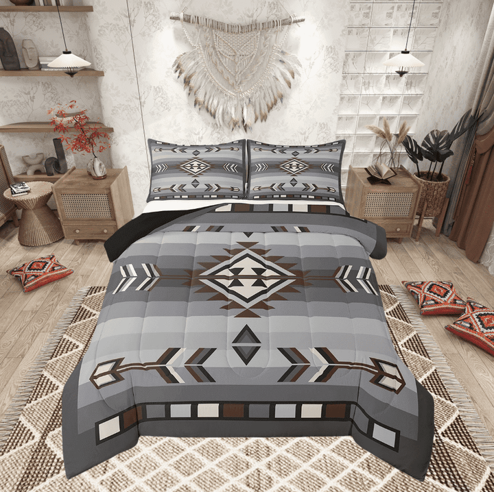 Rustic Western King Comforter Set American Southwestern Bedding Set Men Bohemian Aztec Quilt Bedding Sets Exotic Tribal Bed Set Brown Grey Farmhouse Decor 3 Pcs
