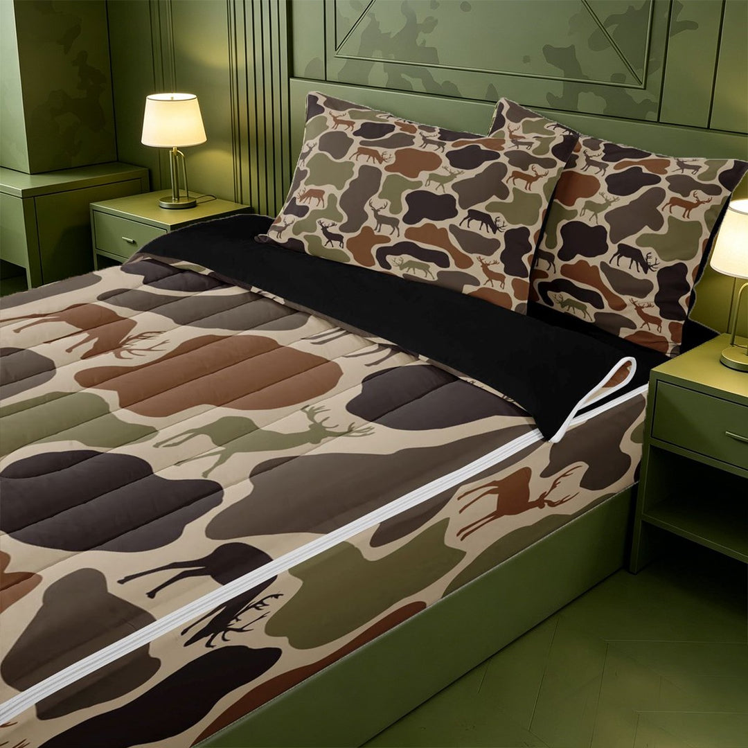 meiyoeat Rustic Camo Deer Zipper Twin Comforter Sets with Fitted Sheet and 2 Pillowcases,Jungle Animal Camouflage Silhouette Zipper Bedding Set For Men Women, Brown Beige,Black Reversible,4-Piece