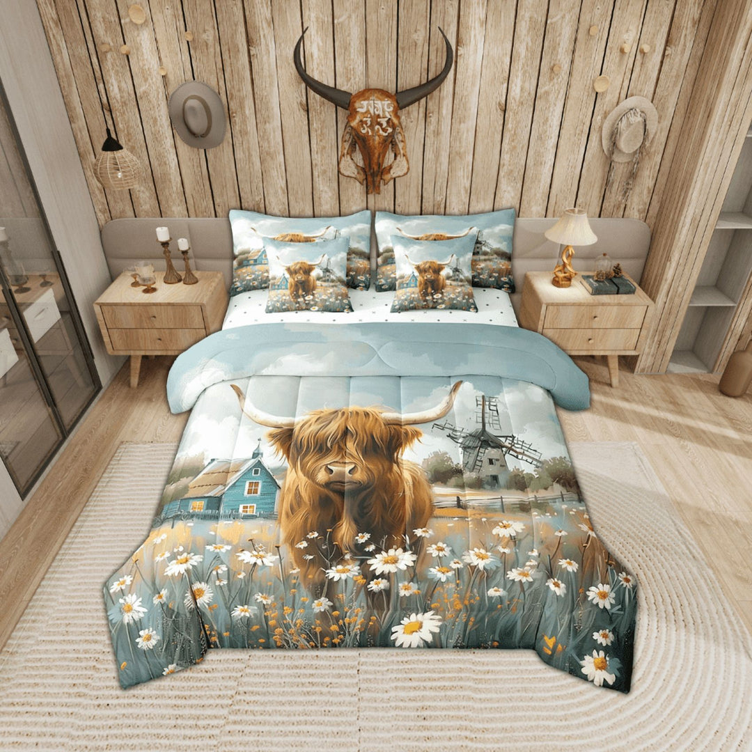 Erosebridal Kawaii Highland Cow Bed in a Bag Twin Size, Farmhouse Animal Bed Set, Lodge Cabin Windmill Daisy Decor, Reversible 7 Pieces