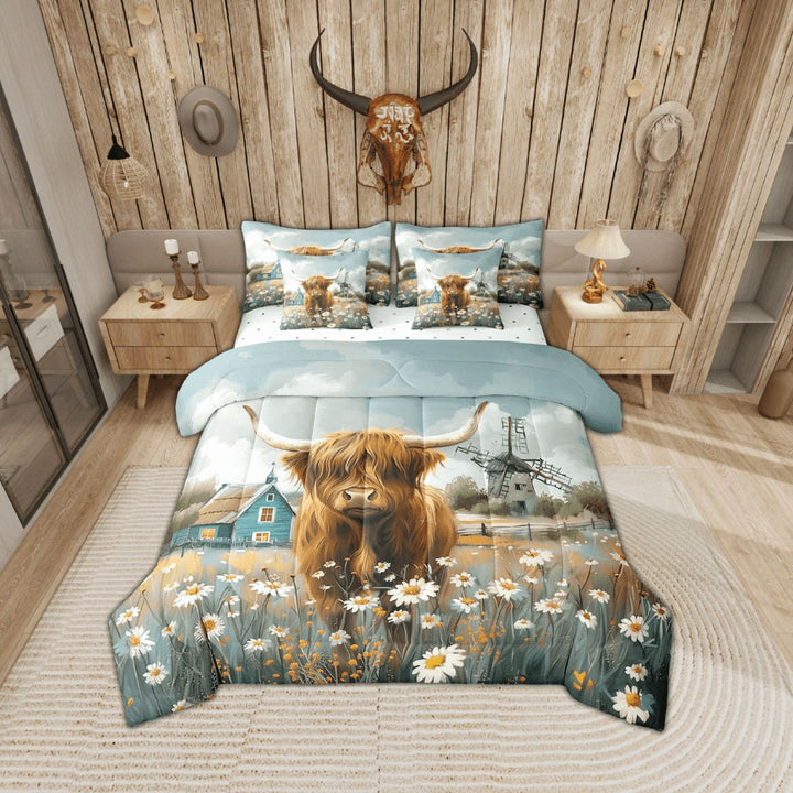 Erosebridal Kawaii Highland Cow Bed in a Bag Twin Size, Farmhouse Animal Bed Set, Lodge Cabin Windmill Daisy Decor, Reversible 7 Pieces