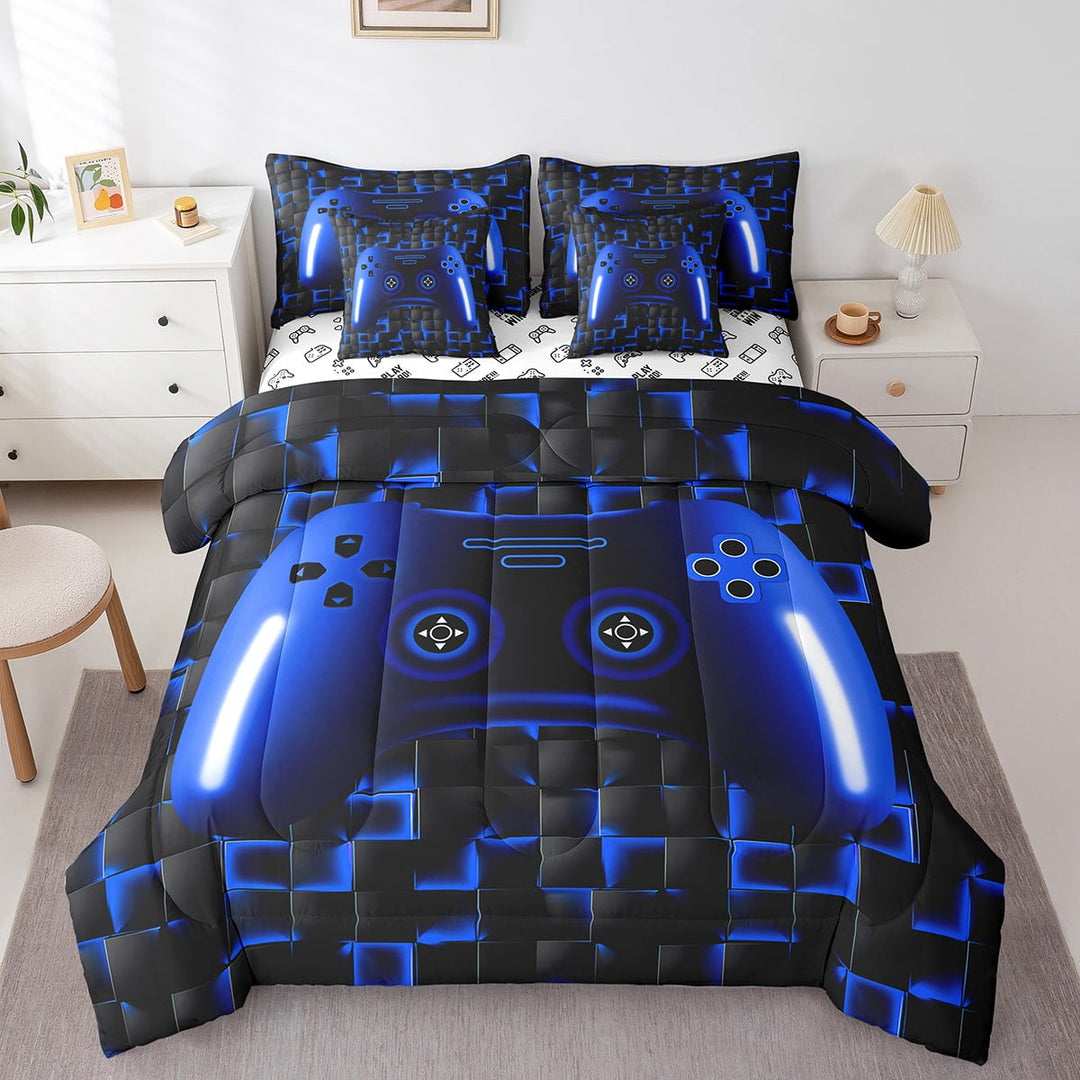 Gaming Twin Comforter Set Teen Game Controller Bedding Set 7 Piece Gamer Bed In A Bag All Season,Blue And Black Geometric Checkered Bed Set For Young Men,Soft Lightweight