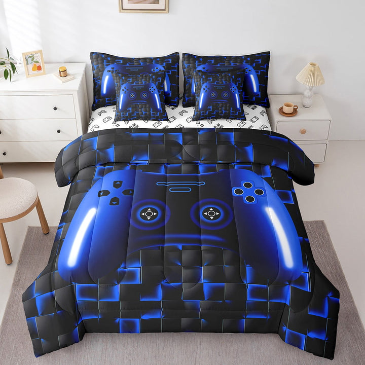 Gaming Twin Comforter Set Teen Game Controller Bedding Set 7 Piece Gamer Bed In A Bag All Season,Blue And Black Geometric Checkered Bed Set For Young Men,Soft Lightweight