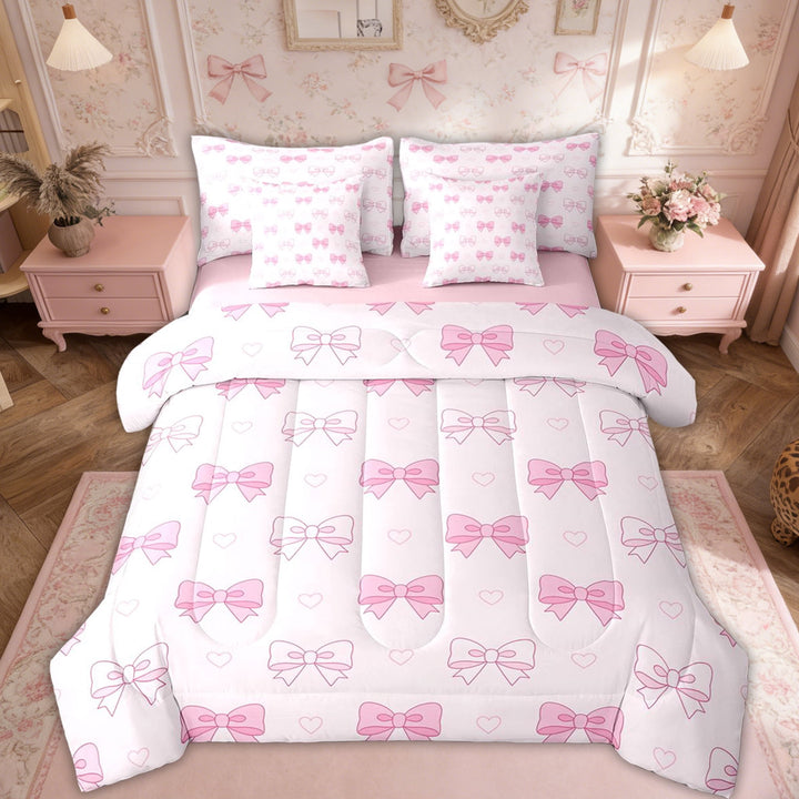 Erosebridal Cartoon Bowknot Twin Bedding Sets for Girls, Pink Love Heart Bedding Comforter Set, 7pcs