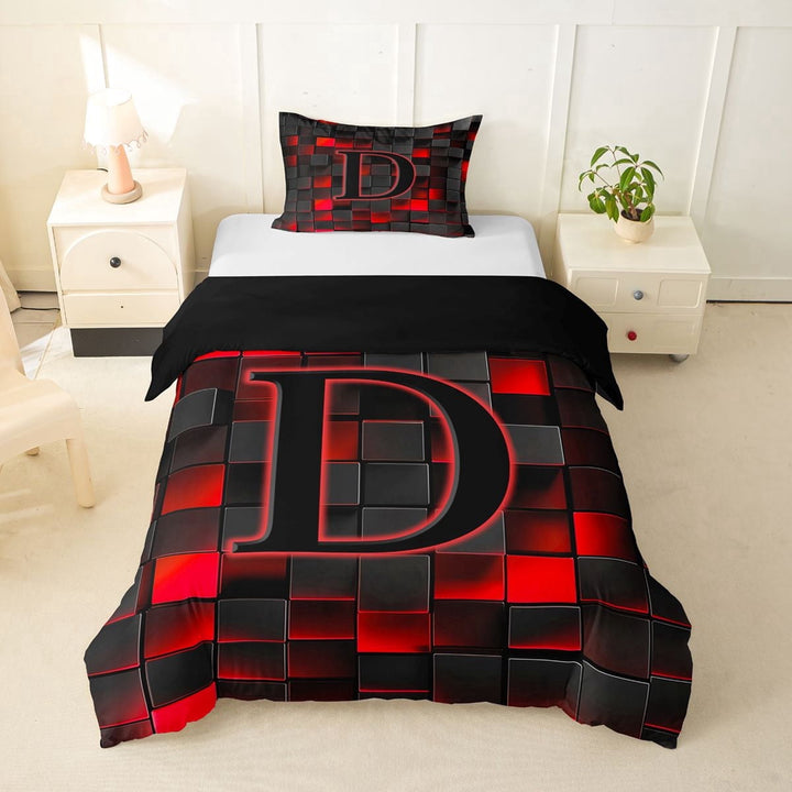 Erosebridal Girls Boys Neon Lights Futuristic Cubes Twin Bedding,D Letter Monogrammed Black Red Duvet Cover Set For Kids Teens,Black Reversible,2pcs,No Comforter