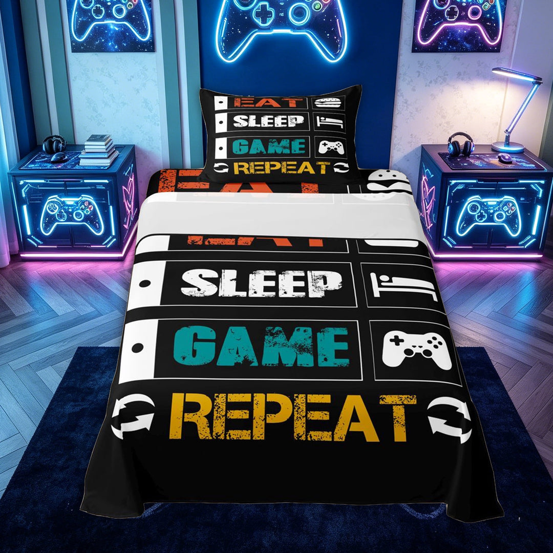 meiyoeat Graffiti Gamer Quote Bed Sheets for Kids Kids Boys, Game Controller Full Size Sheets for Bedroom, Black, 4pcs