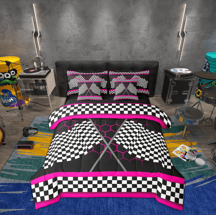 Erosebridal Race Car Flag Bed In A Bag Twin Size,Hotpink Honeycomb Bed Set,Outdoor Sports Car For Teenagers Bedding Twin Size, Super Cozy Bedroom Decoration,7 Pieces Reversible