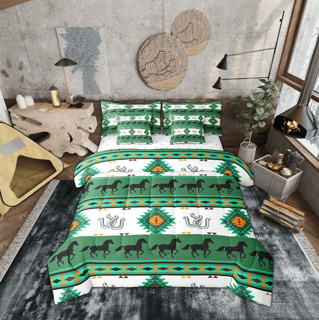 Erosebridal Green Boho Aztec Bedding Sets Twin Size, Southwestern Tribal Exotic Style Comforter Sets with Sheets, Rustic Horse Bedroom Decor, Reversible 7-Piece