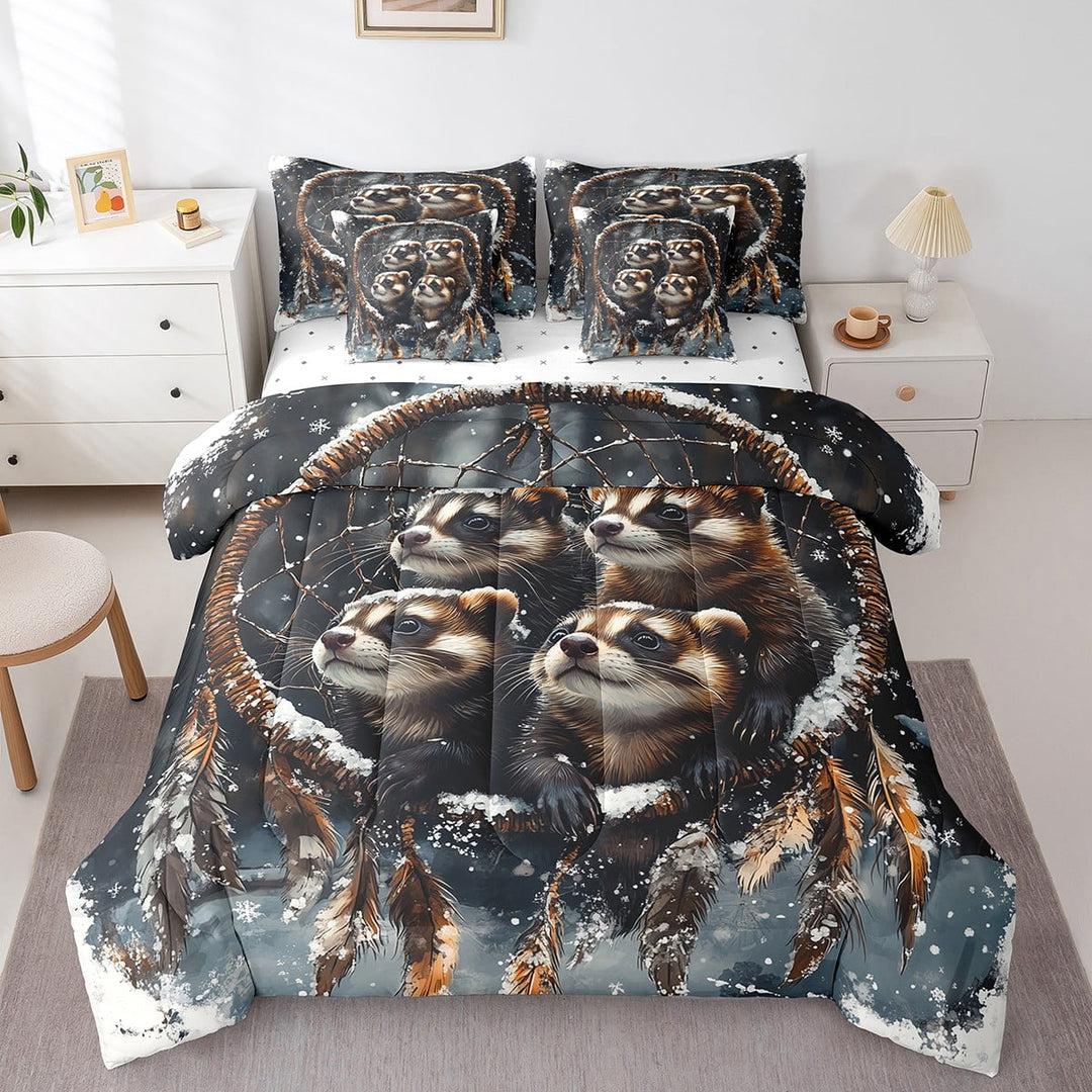 Ferret Comforter Set Dream Catchers Boho Feather Bedding Set Full,Safari Animals Bed in a Bag Exotic Bohemian Decor(Comforter+Fitted+Flat Sheet+2 Pillowcases+2 Throw Pillow Covers) 7 Pieces Bed Set