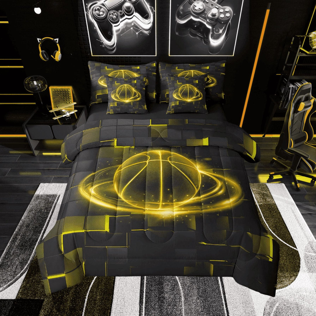Gold Basketball Bed in a Bag Twin Size 7 Pieces,3D Neon Grid Twin Comforter Set Reversible,Sports Lover Bedding Sets All Season with Comforter, Sheets, Pillowcases &amp; Shams