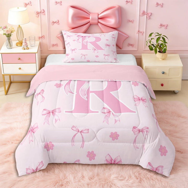 Erosebridal Ribbon Bow Knot R Personalized Initial Twin Comforter Sets 3-Piece,Floral Cherry Blossoms Bedding Set,Pink Reversible,Microfiber Bedroom Decor