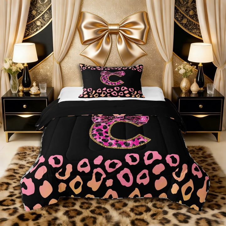 Erosebridal Leopard Print Personalized A Initial Twin Comforter Sets 3-Piece for Girls Women,Teens Bling Glitter Bow Tie Bedding Set,Black Reversible,Luxury Bedroom Decor