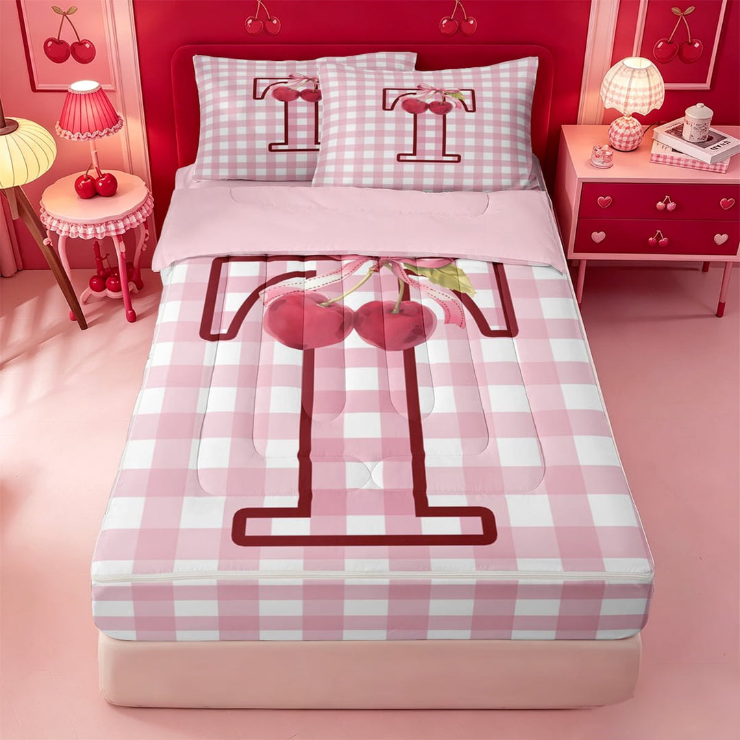 meiyoeat Pink Checkered Initial T Zipper Full Size Comforter Sets with Fitted Sheet and 2 Pillowcases,Bowknot Cherry Monogrammed Print Zipper Bedding Set For Girl,Pink Reversible,4-Piece