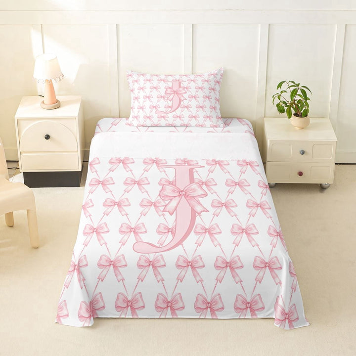 Erosebridal Kid Bowknot Monogrammed J Twin Sheet Sets, Pink Princess Bedding, 3-Piece