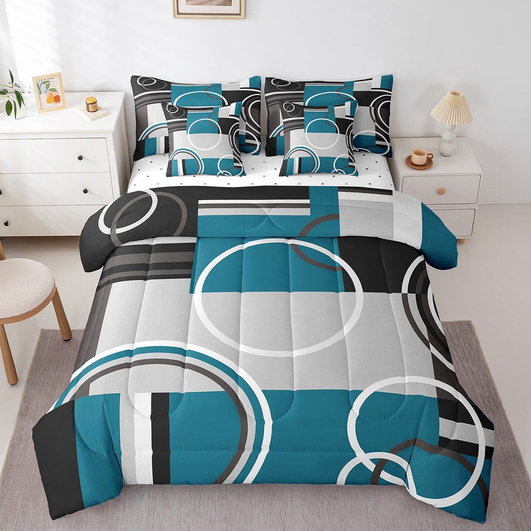 Erosebridal Modern Turquoise Decor 7 Piece Bed in a Bag Gray Black Blue Stripe Geometric Comforter Set Queen Size Retro Circle Swirls Bedding Set Modern Abstract Texture Color Art Flat Fitted Sheet
