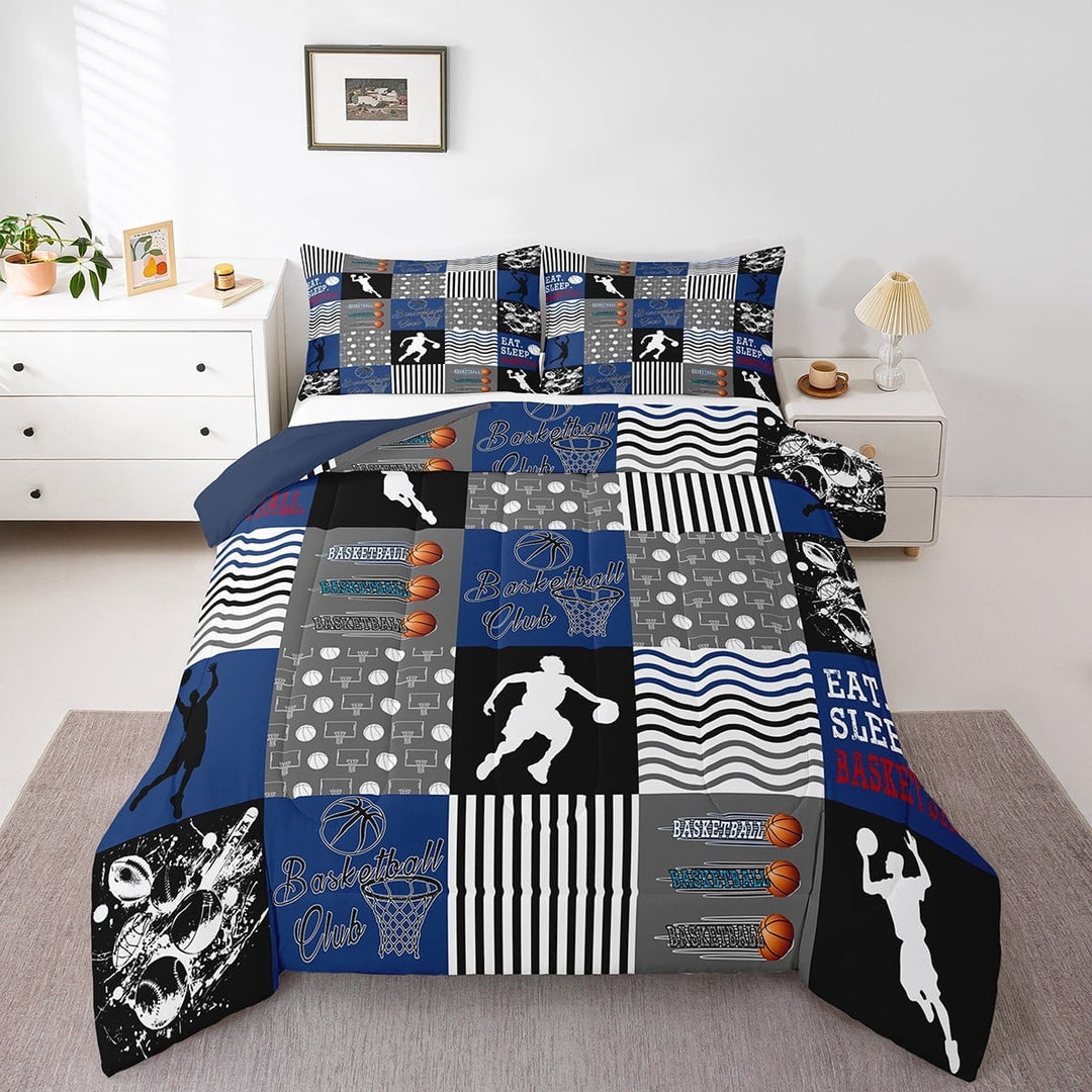 Erosebridal Basketball Bedding Twin Comforter Set,Sports Theme Down Comforter,Blue Gray Plaid Bedding Sets Twin With Comforter, Super Cozy Room Decoration,2 Pieces Reversible