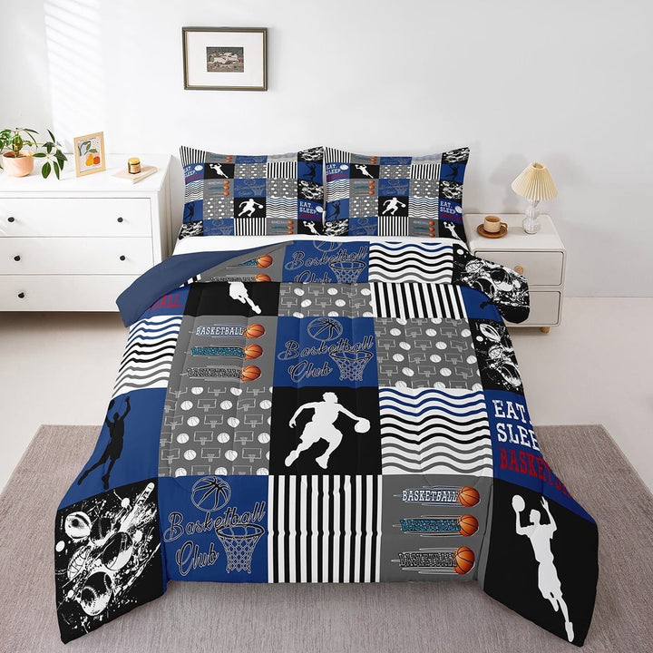 Erosebridal Basketball Bedding Twin Comforter Set,Sports Theme Down Comforter,Blue Gray Plaid Bedding Sets Twin With Comforter, Super Cozy Room Decoration,2 Pieces Reversible