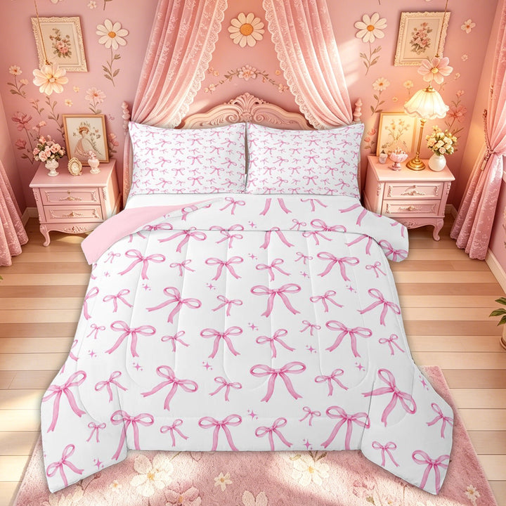 Meiyoeat Watercolor Bow Full Size Comforter Sets for Girls Kids Women, Cute Star Print Bedding Sets, Pink White, Pink Reversible, 3 Pieces