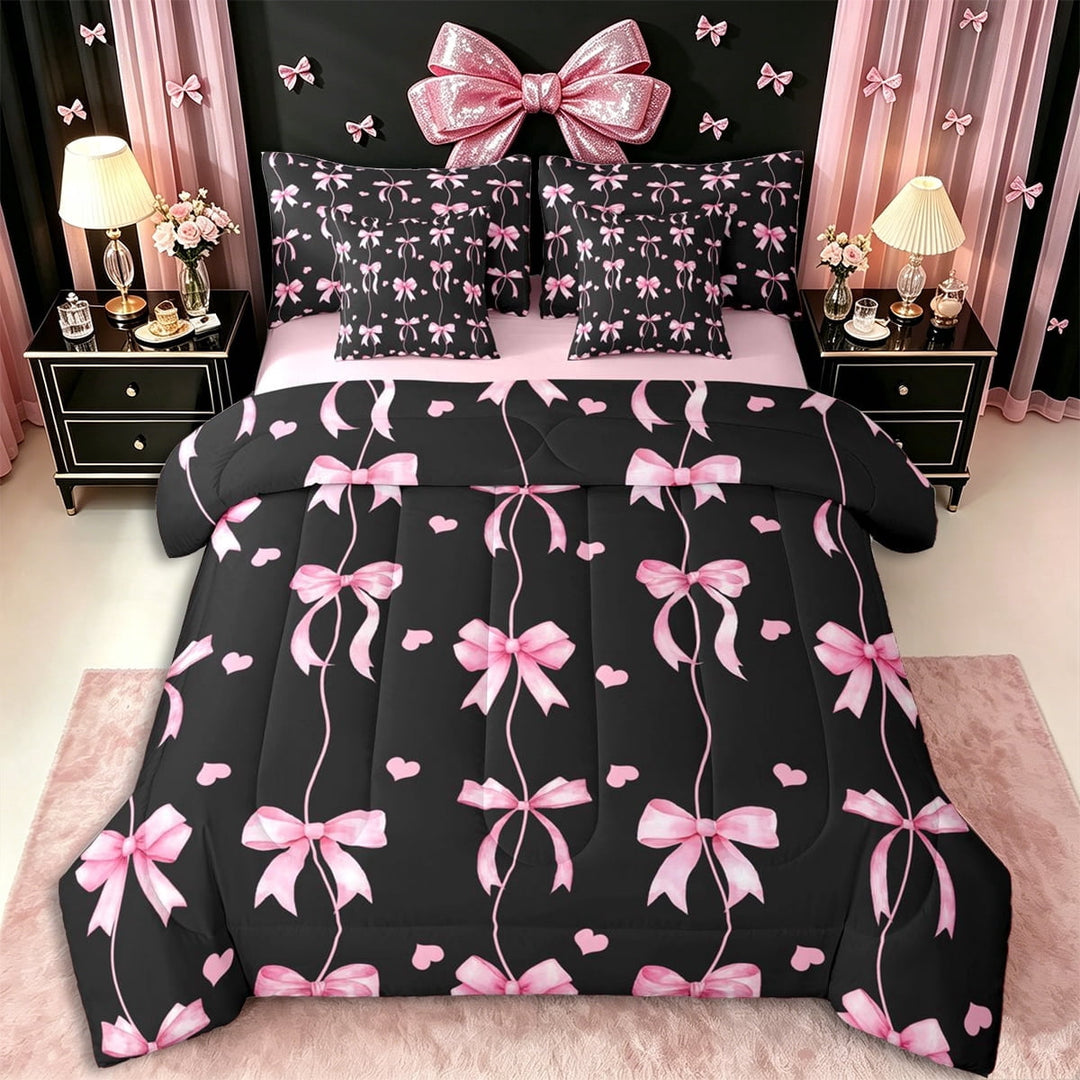 Erosebridal Kawaii Pink Bowknot Twin Bedding Sets 7-Piece for Kids Teens,Girls Cute Love Heart Bedding Comforter Set,Pink Reversible,Luxury Bedroom Decor