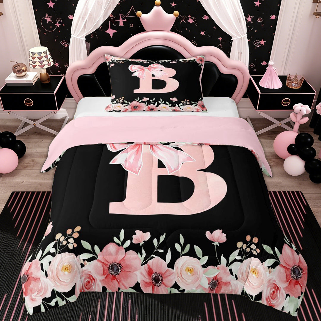 Erosebridal Bow Monogrammed B Girls Twin Comforter Sets, Pink Flower Bedding Set, 2-Piece
