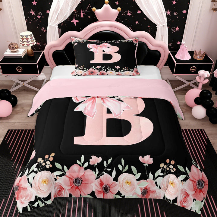 Erosebridal Bow Monogrammed B Girls Twin Comforter Sets, Pink Flower Bedding Set, 2-Piece