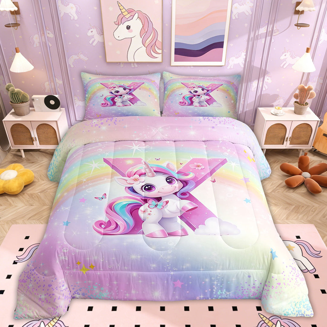 Erosebridal Rainbow Unicorn Bedding Sets Twin with Comforter, Initial X Duvet Insert, Romantic Initial A-Z Decor, Reversible