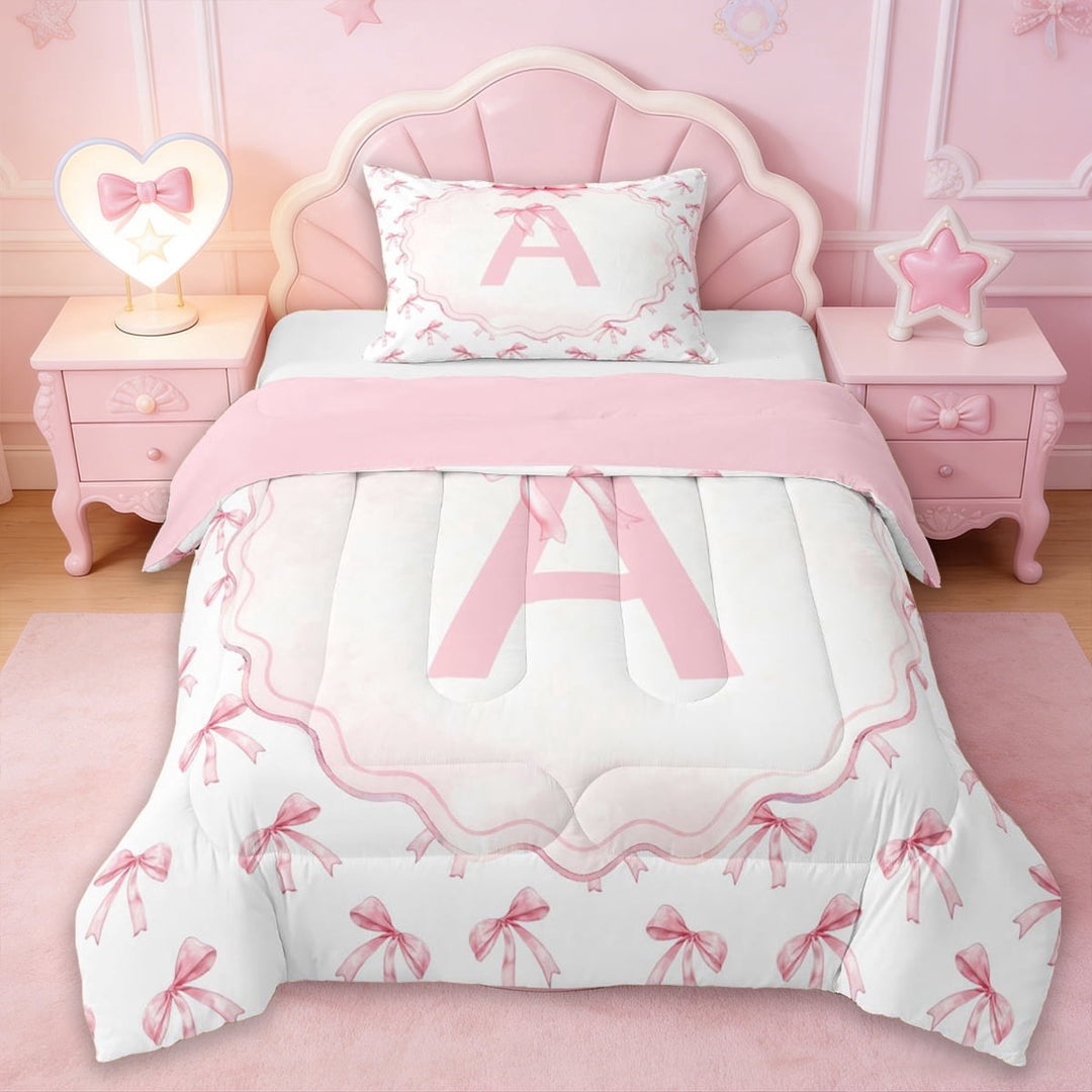 Erosebridal Kids Pink Princess Bowknot Twin Comforter Sets For Bow Lover,Letter A Monogrammed Bedding Set,Reversible pink,2-Piece