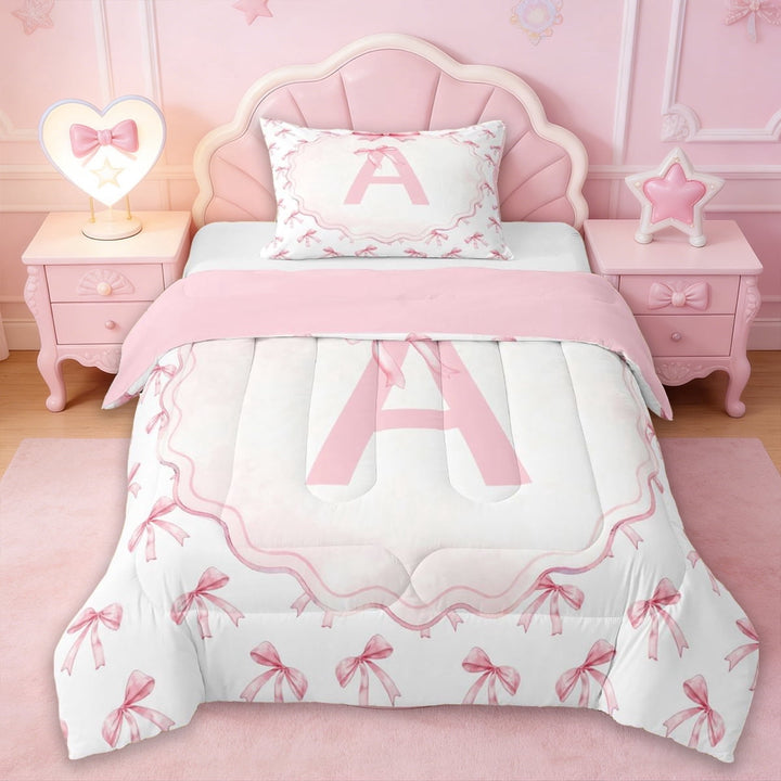 Erosebridal Kids Pink Princess Bowknot Twin Comforter Sets For Bow Lover,Letter A Monogrammed Bedding Set,Reversible pink,2-Piece