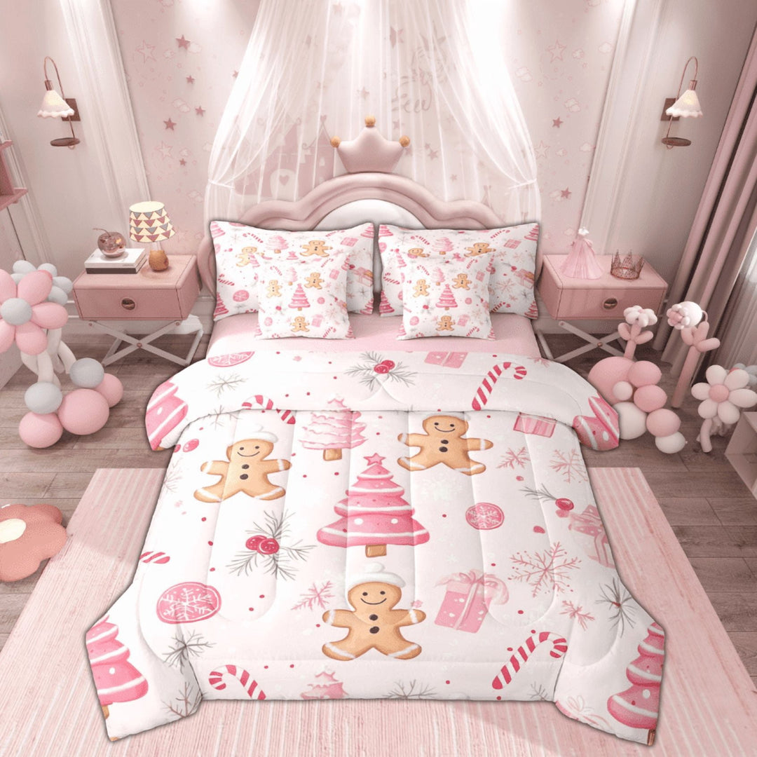 Manfei Dreamy Christmas Festival Bedding Comforter Set 7pcs for Kids, Pink Xmas Tree Queen Bedding Sets, Gingerbread Man Reversible Queen Sheet Sets, Microfiber Bedroom Decor