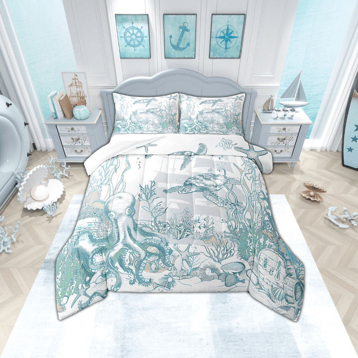 Nautical Coastal Sea Turtle Comforter Set Ocean Beach Bedding Comforter Sets King,Coral Octopus Quilt Seahorse Starfish Fish Duvet Insert,Sailboat Boat Anchor Room Decor