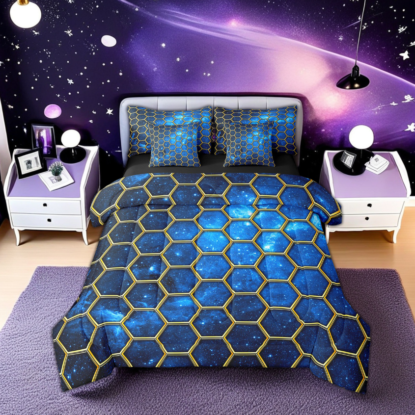 Erosebridal Hippie Galaxy Universe Bedding Sets Twin Size, Abstract Hexagon Honeycomb Comforter Sets with Sheets, Breathable 7 Pieces