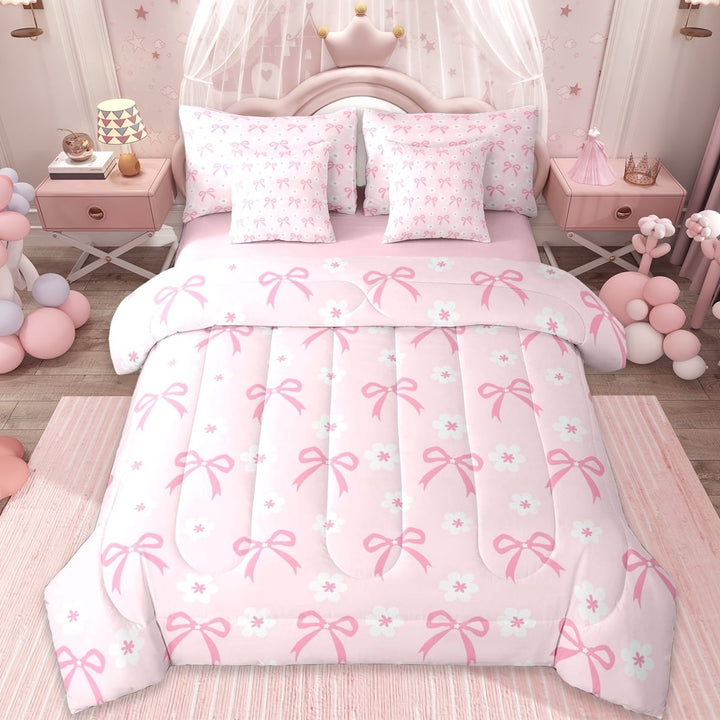 Erosebridal Cute Daisy Kawaii Bowknot 7-Piece Twin Bedding Sets For Bows Lovers,Kawaii Bowknots Pink Bowtie Bedding Comforter Set,Reversible