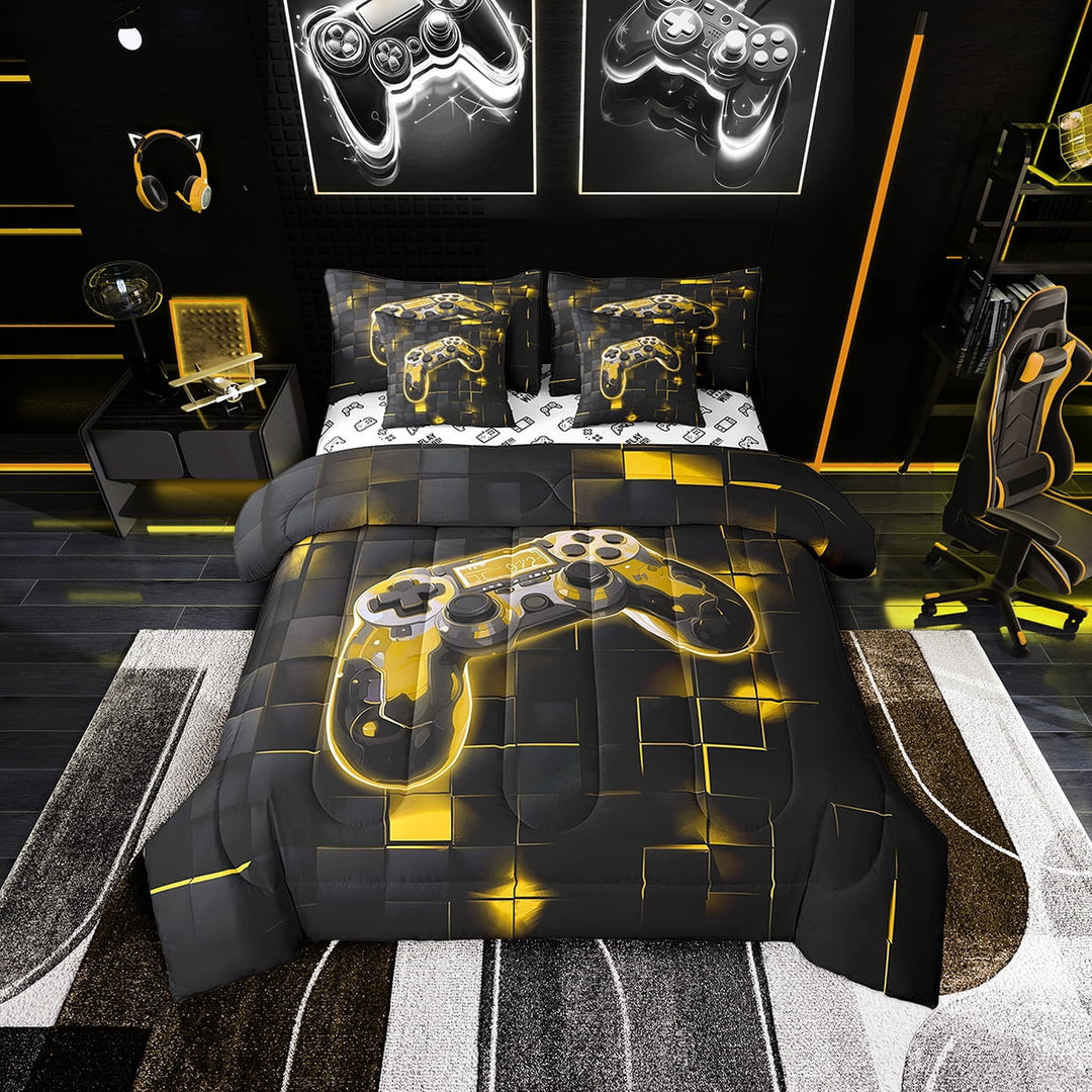 Erosebridal 7 Piece Neon Gamer Comforter Set Twin ,Yellow Black Gaming Bedding Sets Gamer Room Decor,Geometric Bed Set with Sheets,Gamepad Bed in a Bag with Pillowcases &amp; Shams