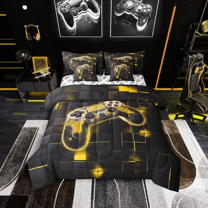 Erosebridal 7 Piece Neon Gamer Comforter Set Twin ,Yellow Black Gaming Bedding Sets Gamer Room Decor,Geometric Bed Set with Sheets,Gamepad Bed in a Bag with Pillowcases &amp; Shams