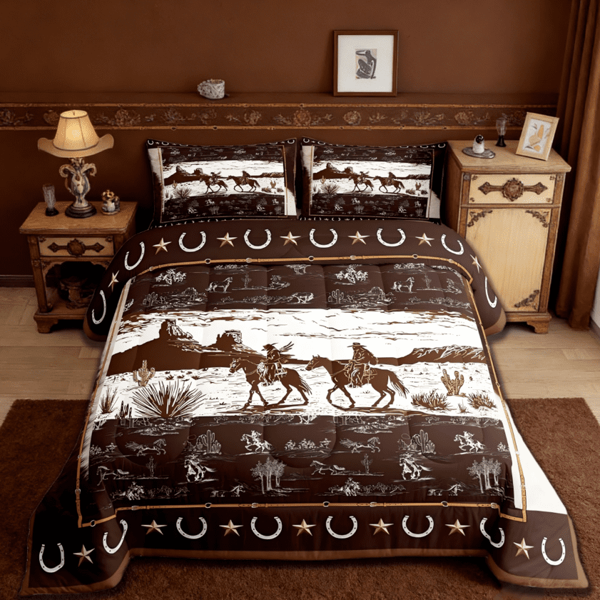 Manfei Western Aztec Full Size Comforter Sets, Rustic Horse Cowboy Bedding Sets For Boys Men Kids,Retro Texas Star 3-Piece