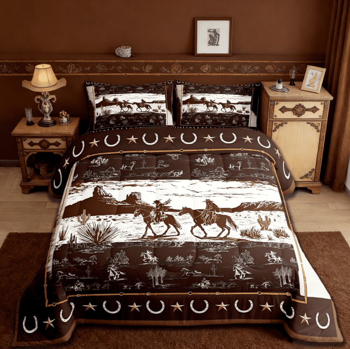 Manfei Western Aztec Full Size Comforter Sets, Rustic Horse Cowboy Bedding Sets For Boys Men Kids,Retro Texas Star 3-Piece