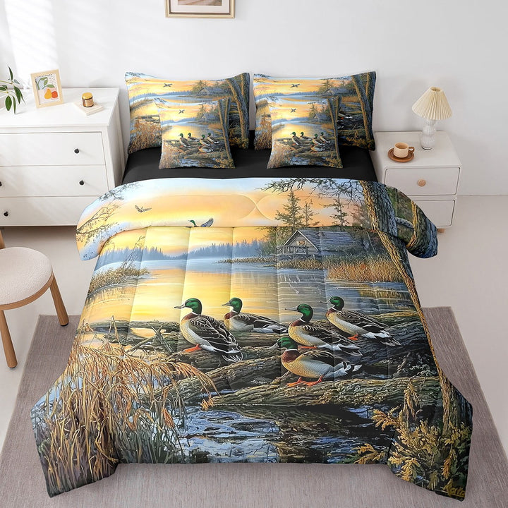 Mallard Duck Comforter Set Twin Size,Duck Hunting Bed in a Bag Teens Adults,Western Cabin Lodge Branches Lake Bed Set,Hunting Bird Animal Reversible Bed Sets with Sheet Set