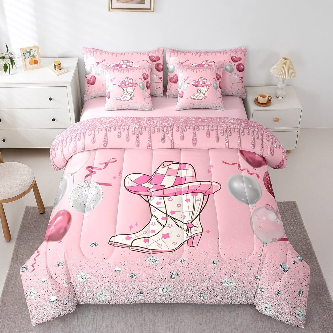YST 7-Piece Girly Preppy Western Bedding Twin, Pink Cowgirl Western Hat Shoes Comforter Set Girls Birthday Party Comforter + Flat Sheet + Fitted Sheet + 2 Pillowcases + 2 Throw Pillow Covers