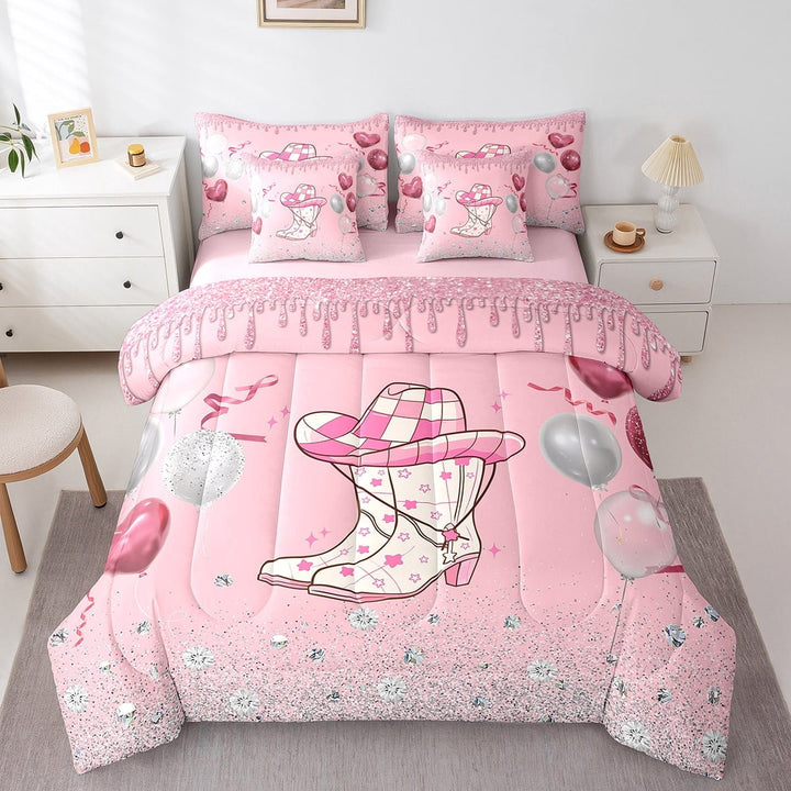 YST 7-Piece Girly Preppy Western Bedding Twin, Pink Cowgirl Western Hat Shoes Comforter Set Girls Birthday Party Comforter + Flat Sheet + Fitted Sheet + 2 Pillowcases + 2 Throw Pillow Covers