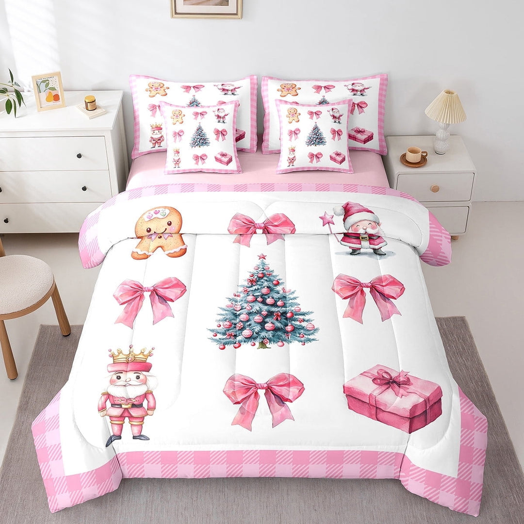 Christmas Tree Bedding Set Pink Bowknot Holiday Gift Bed In A Bag With Sheets Teen,Cute Santa Claus Gingerbread Man Full Comforter Set 7 Piece Kawaii Grid Plaid Bed Set