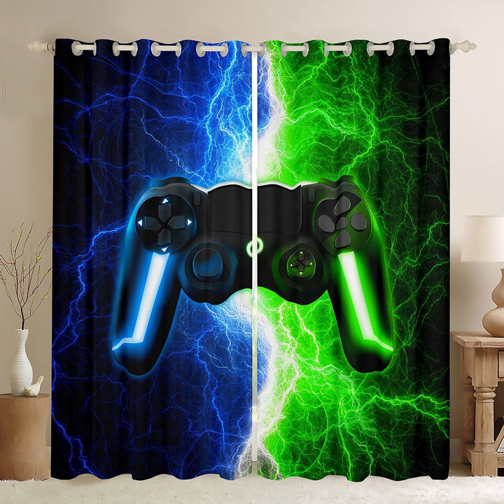 Gamer Curtains Drapes Green and Blue Gaming Gamepad Curtains,Video Game Console Window Curtains Modern Lightning Curtains 2 Panels (38Wx45L) Bedroom Decor