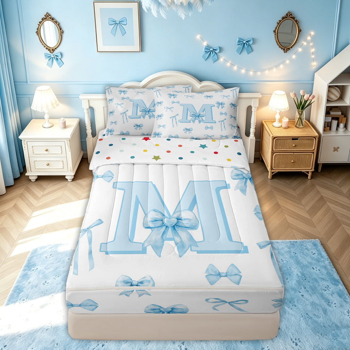 meiyoeat Cute Bow Letter M Zipper Comforter Set with Fitted Sheet and 2 Pillowcases for Girls, Watercolor Ribbon Zipper Bedding Set, Blue, Polkadot Reversible, 3pcs