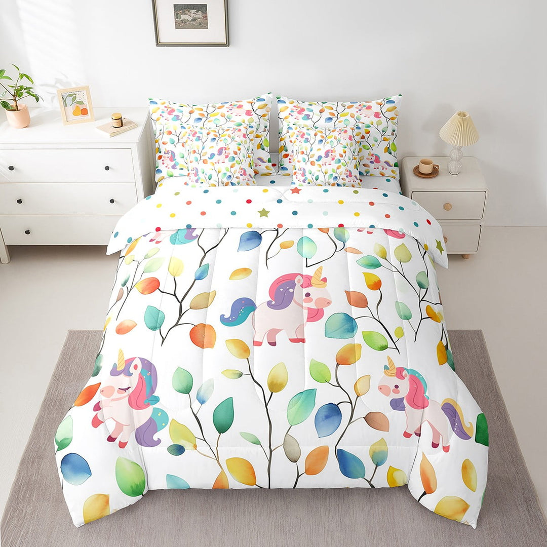 Erosebridal Cute Unicorn Bed in a Bag 7 Pieces Hippie Floral Bedding Set, Chic Flower Twin Size Comforter Set Watercolor Leaves Bedding Comforter Sets, Magic Wildlife Bed Set