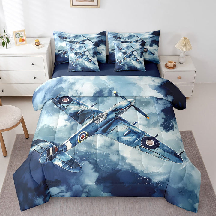 Erosebridal Blue Airplane Bedding Sets Twin Size, Plane Comforter Sets with Sheets, Aircraft Print Bedroom Decor, Super Cozy