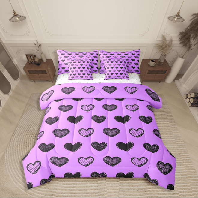 Erosebridal Love Twin Bed in a Bag,Purple Romantic Comforter Set 7 Piece,Cute Love Heart Shaped Sheet Set with Comforter Kawaii Room Decor,Graffiti Style Bed Sets