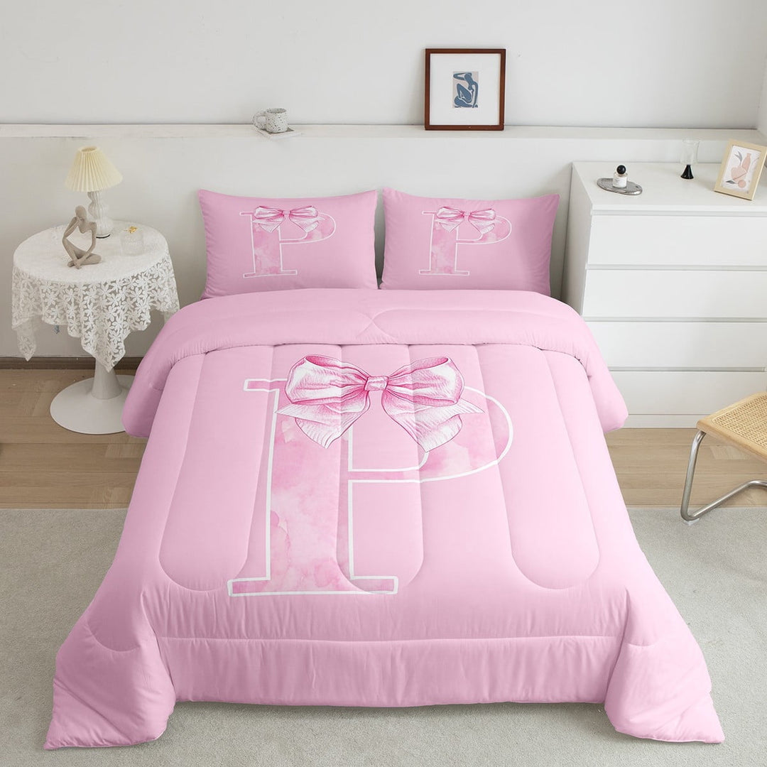 Erosebridal Pink Bow-tie Bedding Twin Comforter Set, Princess Letter P Down Comforter, Cartoon Theme Decor, Breathable 2pcs