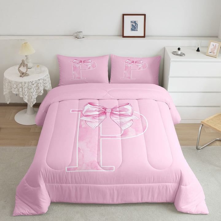 Erosebridal Pink Bow-tie Bedding Twin Comforter Set, Princess Letter P Down Comforter, Cartoon Theme Decor, Breathable 2pcs