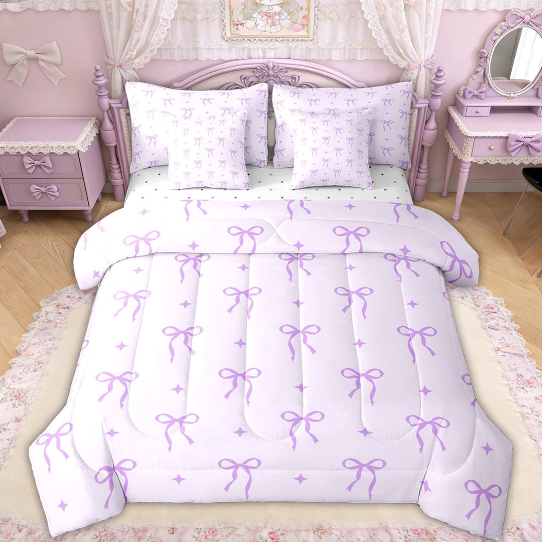 Erosebridal Lavender Bow Star Twin Bedding Sets for Girls, Purple Ribbon Bedding Comforter Set for Women, Reversible, 7pcs