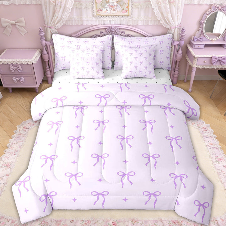 Erosebridal Lavender Bow Star Twin Bedding Sets for Girls, Purple Ribbon Bedding Comforter Set for Women, Reversible, 7pcs