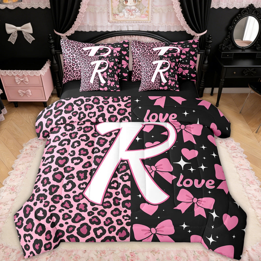 Erosebridal Leopard Print Letter R Bedding Comforter Set for Girls, Pink Initial Ribbon Full Bedding Set, Black Reversible, 7 Pieces